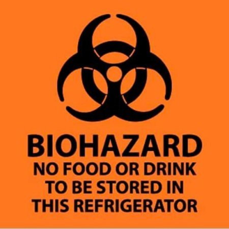 NATIONAL MARKER CO Warning Sign, Biohazard No Food Or Drink To Be Stored In This Refrigerator, 7in X 7in, Orange/Black S71P